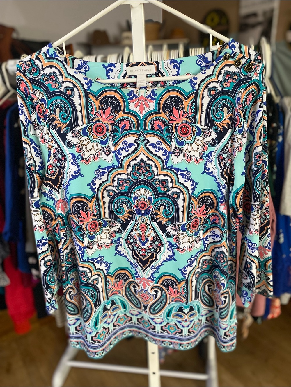 Charter Club Turquoise Paisley Scoop-Neck Long Sleeve Top - Picture 1 of 2